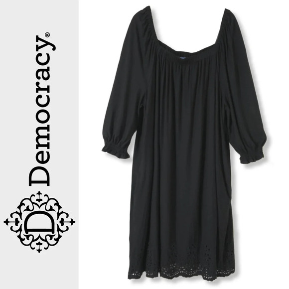 DEMOCRACY 3/4 Smocked Sleeves Square Neck Black Shift Dress, Eyelet Hem, 3X - Picture 1 of 16